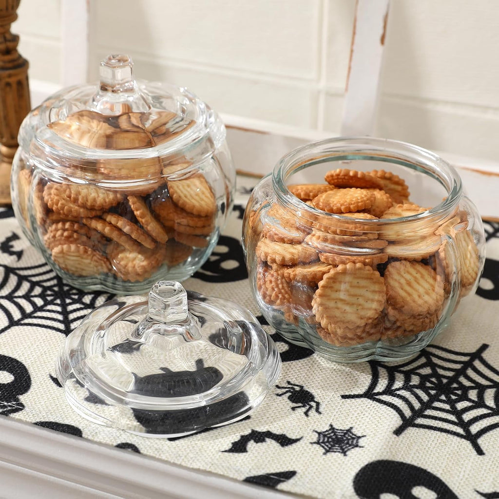 2 PCS Glass Pumpkin Jars with Lid-Halloween Candy Storage for Home Fall Thanksgiving Halloween Party Centerpieces Decor
