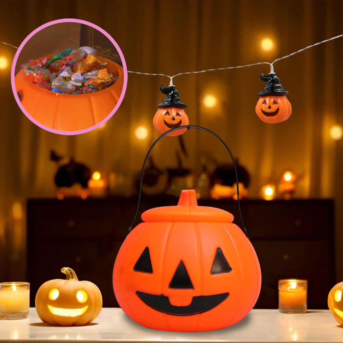 Kyusrd Trick or Treat Halloween Lantern Pumpkin Decoration Lighted Table Centerpieces Ornaments Spooky Pumpkin Prop Decor Decorative Wedding Candy Bowl Organizer Canisters