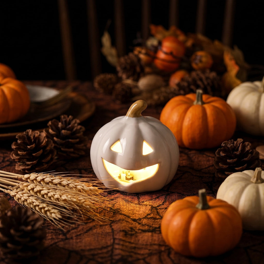 LEFXSMR Pumpkin Night Light, Ceramics Glowing Pumpkin Decor with Led, Waterproof Halloween Light for Home Holiday Desktop Decor