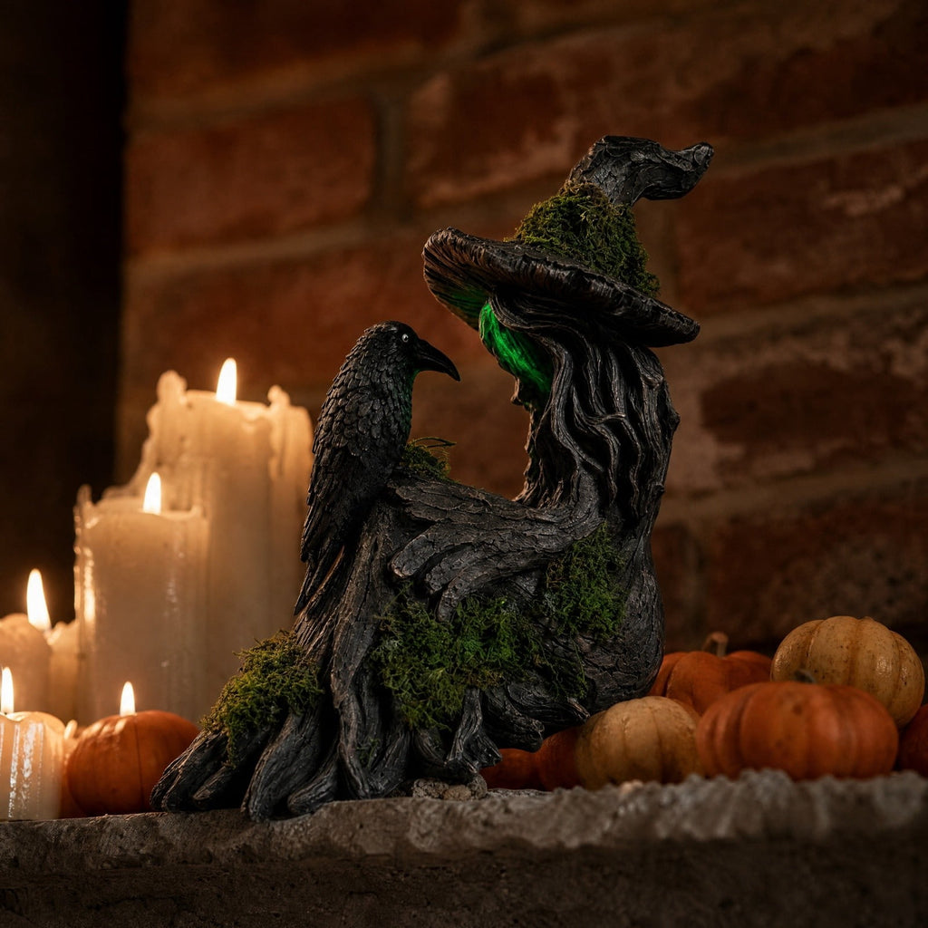 2026 New Halloween Mossy Tree Witch With Crow Light Up 7" Resin Figurine Rave Mantel Shelf Party Decorations