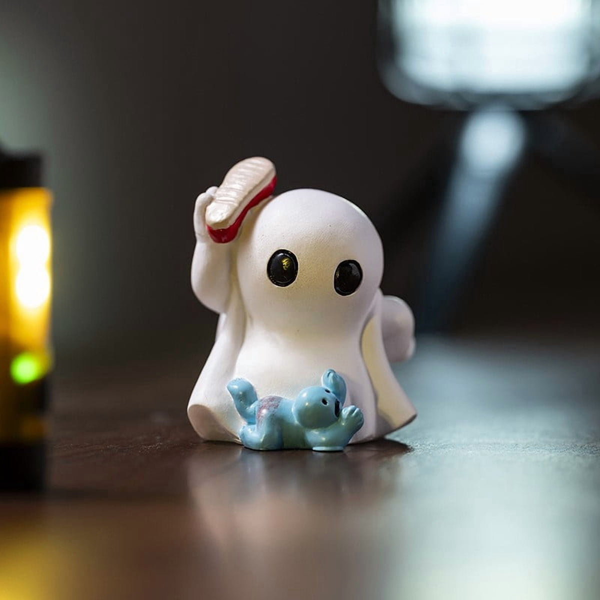 Halloween Ghost Figurine, Resin Lighted Ghost Ornament with Pumpkin Lantern & Beverage Cup, Tabletop Halloween Indoor Decor