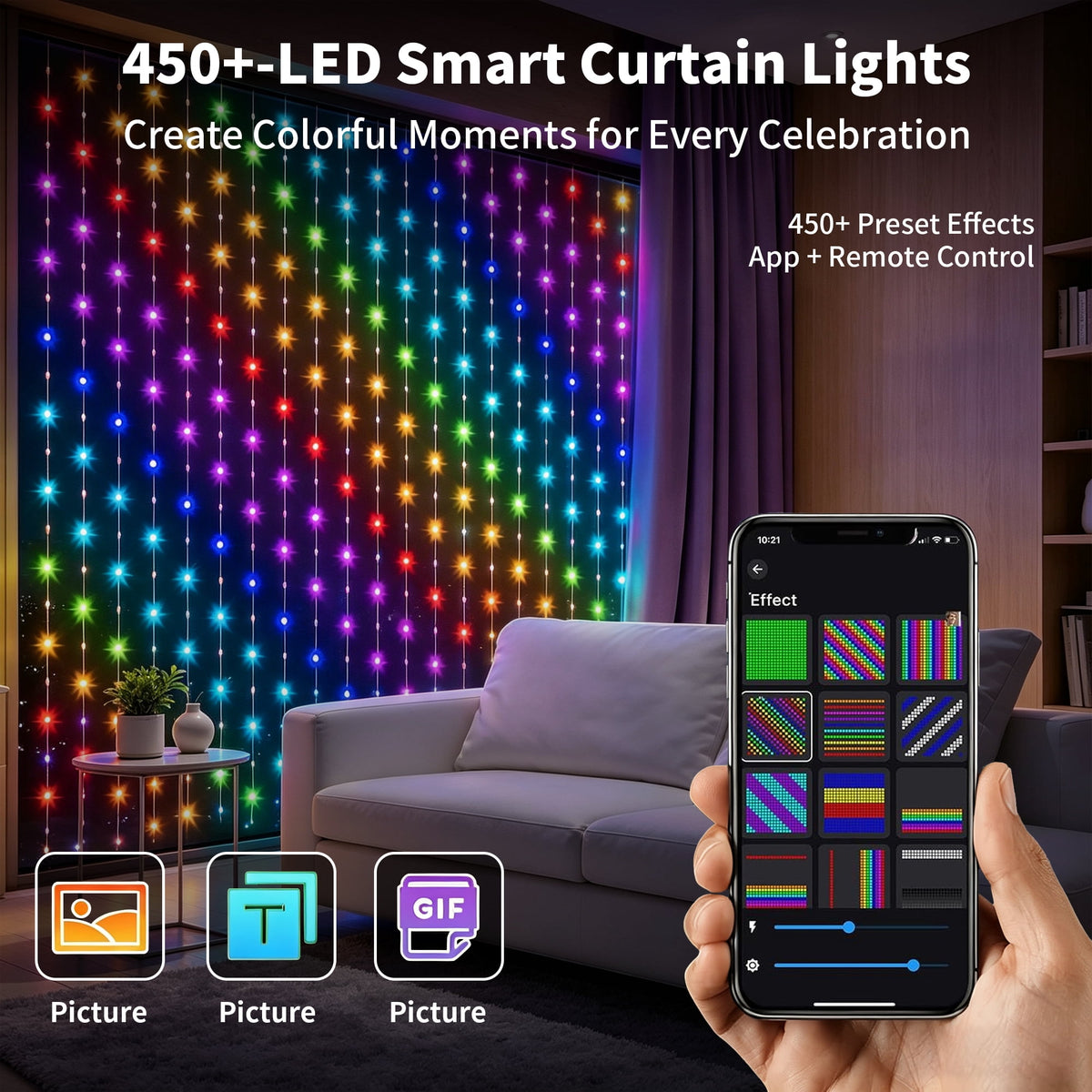 SuperRGB Smart Curtain Lights,400 LED 9.8ft x 9.8ft APP & Remote Control Color Changing RGB Dynamic DIY Fairy String Lights for Bedroom Backdrop Wall Window Decor