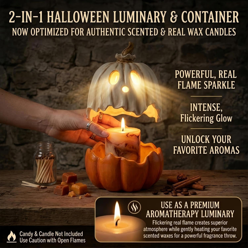 9.8" Halloween Ghost Pumpkin Candy Bowl Decorations, 2-in-1 Ghost Jack O' Lantern Figurine Tealight Candle Holder for Indoor Outdoor Front Porch Fall Tabletop Decor