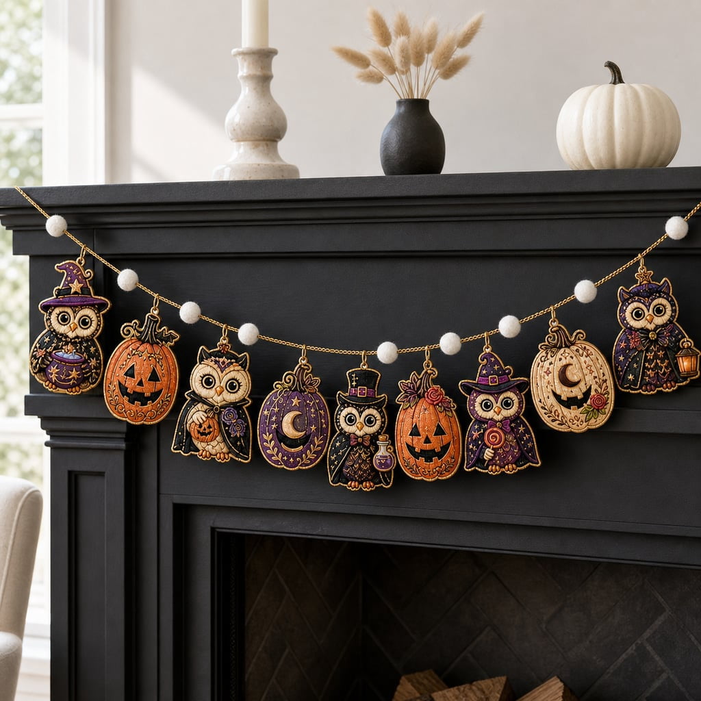Garland Witch Owl Pumpkin Wooden Mantel Wall Hanging Halloween Home Decor