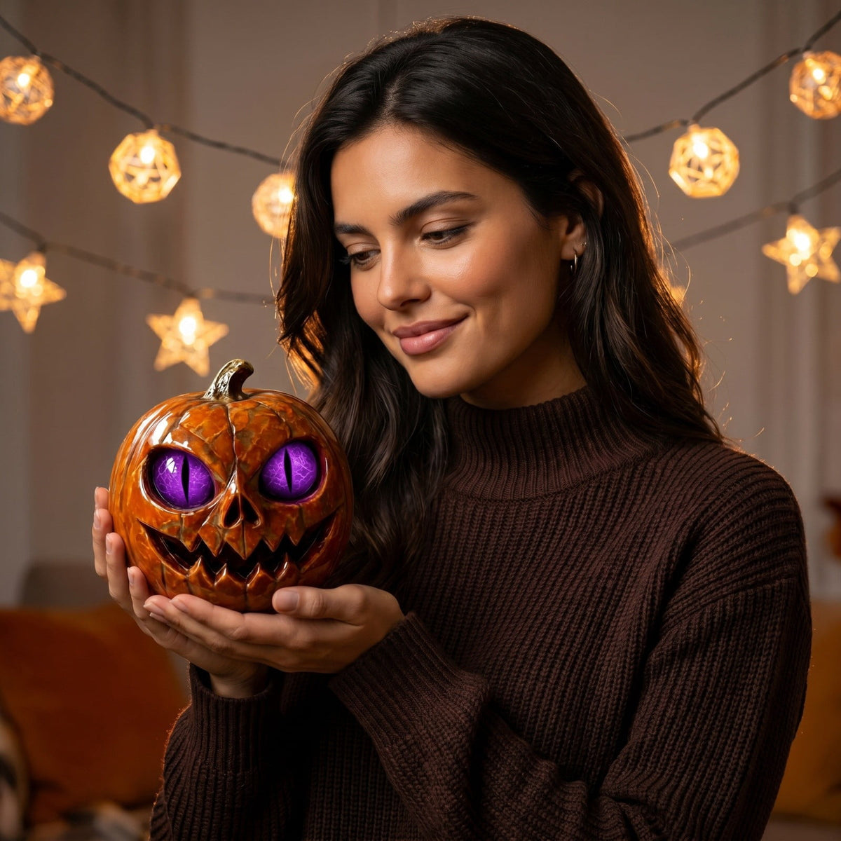 Halloween Scary Jack O Lantern Pumpkin Statue with Color Changing LED Eyes Spooky Tabletop Yard Decor Prop