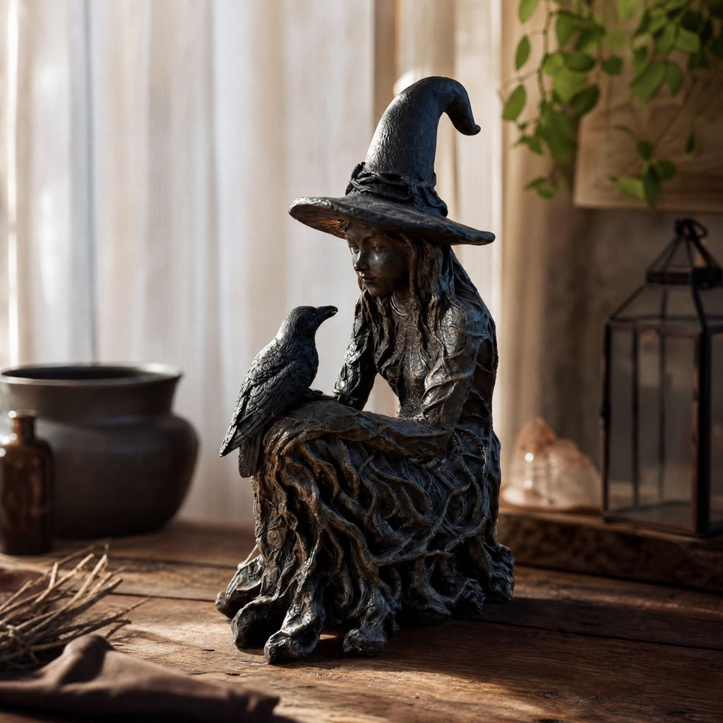 2026 New Halloween Mossy Tree Witch With Crow Light Up 7" Resin Figurine Rave Mantel Shelf Party Decorations