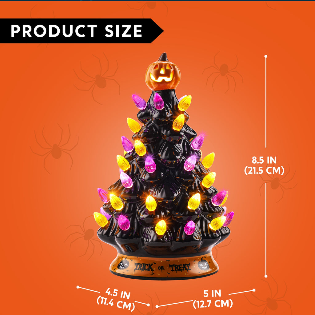 Joyfy 8.5 inch Halloween Decorations Ceramic Gnome Tree Decorations with Build-in LEDs,Light Up Pumpkin Table Decor Bedroom Indoor Centerpieces for Tables