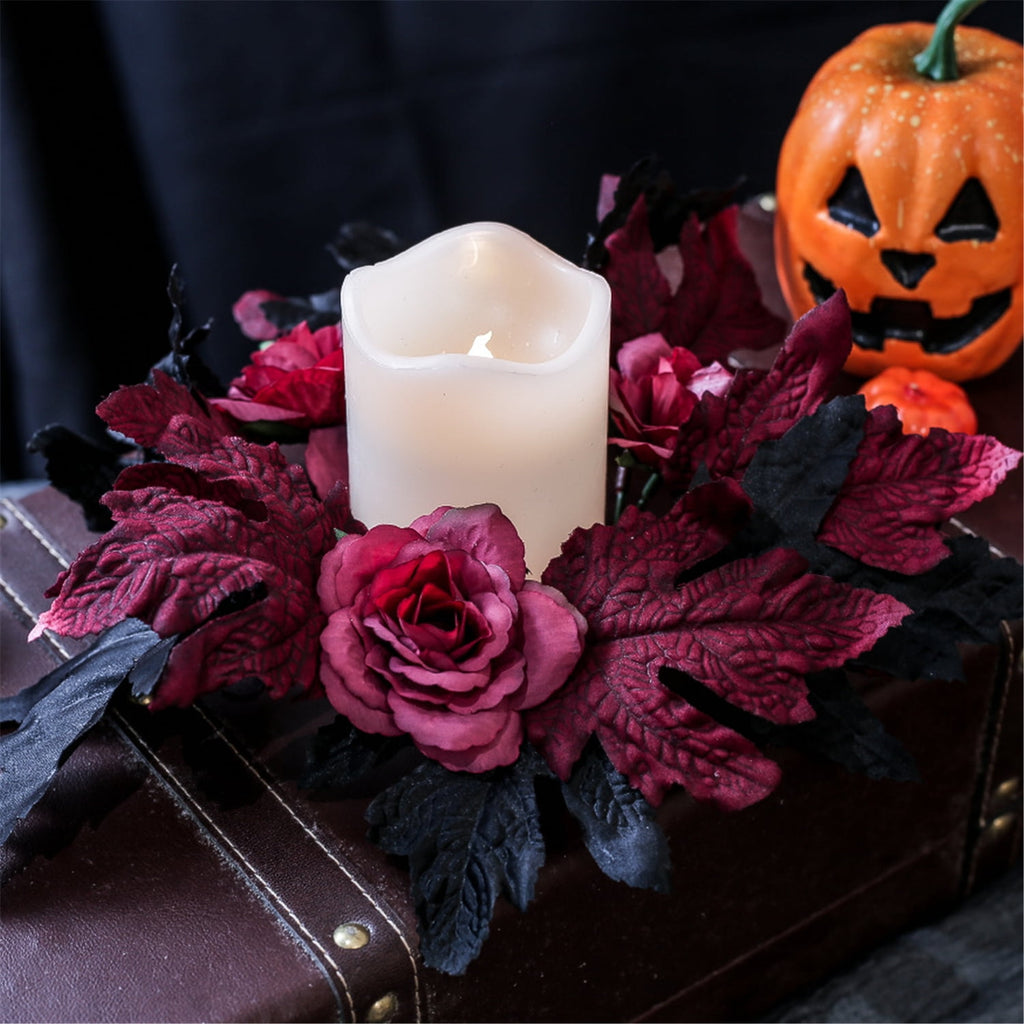 TETOU 2Pcs Halloween Candle Rings Wreath for Pillar Candle Holder, Maple Leaf Black Rose Small Wreaths for Fall Thanksgiving Home Table Centerpieces, Cabinet Decorations - Black