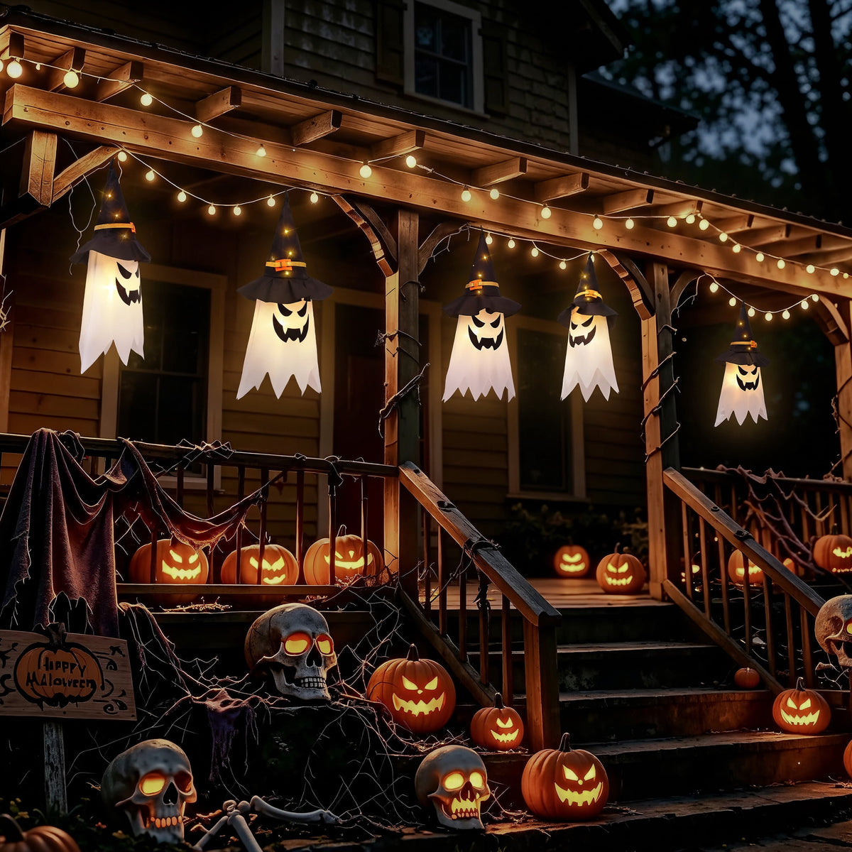 Scidweet Halloween Decorations Indoor Outdoor, 5 Pcs Halloween Lights Glowing Ghost Witch Hat Ornaments Gifts for Home Garden Yard