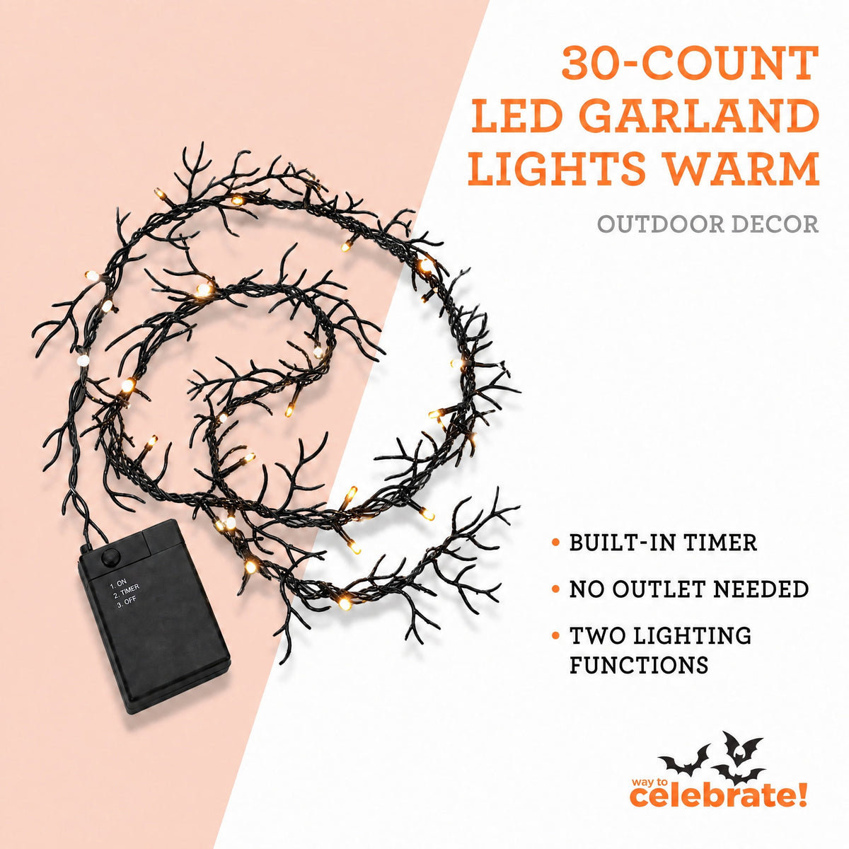 Indoor 36-Count Battery-Operated LED Garland Lights, Warm White, 5', Halloween by Way To Celebrate