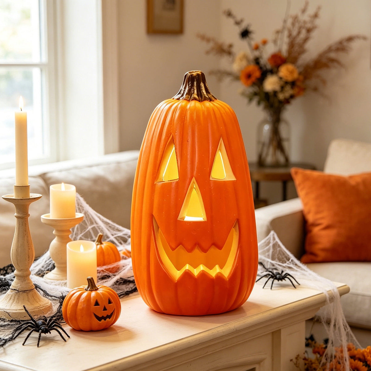 Halloween Lighted Pumpkin Decoration, Glowing Jack o Lanterns, Large LED Pumpkin Lamp with Warm Glow, Outdoor Yard Porch Halloween Decor, Holiday Display Ornament for Home Party