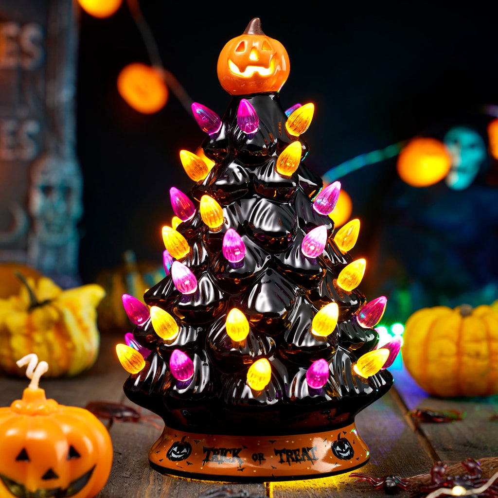 Joyfy 8.5 inch Halloween Decorations Ceramic Gnome Tree Decorations with Build-in LEDs,Light Up Pumpkin Table Decor Bedroom Indoor Centerpieces for Tables