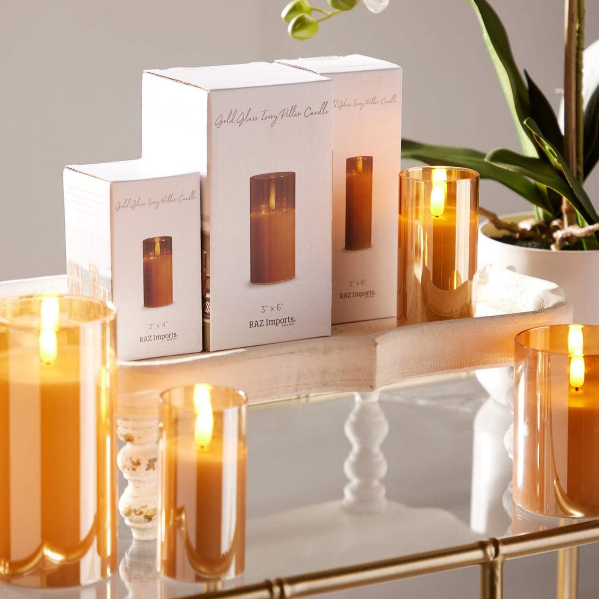 RAZ Imports Gold Ivory Glass LED Pillar Flameless Candle, 6 Hour Timer, Battery Operated - 3.5"W X 4"H