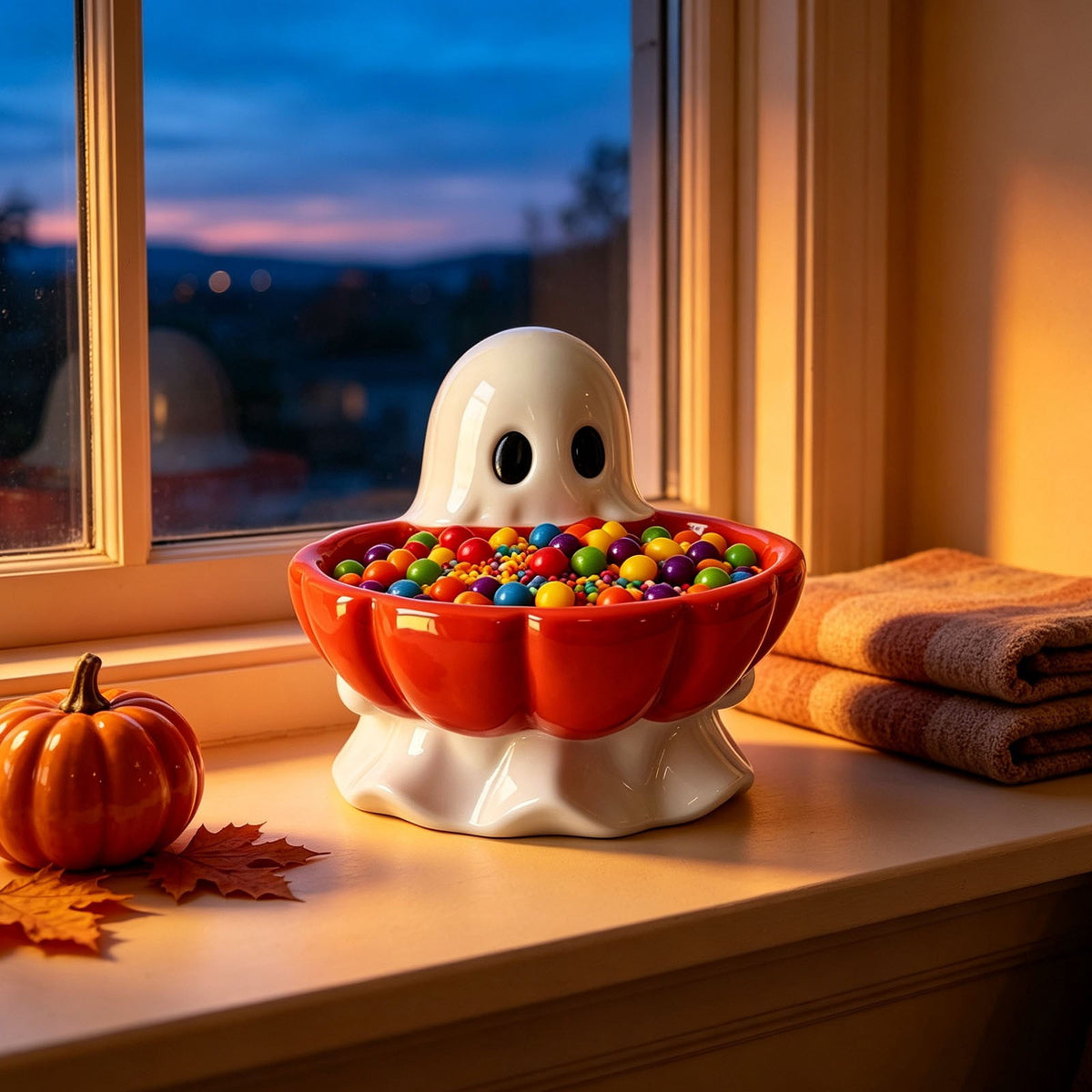 Diceymbol Halloween Pumpkin Snack Bowl Stand Collapsible Broomstick Candy Tray for Cupcakes & Desserts, Resin Serving Platter with Ceramic Pumpkin Bowls