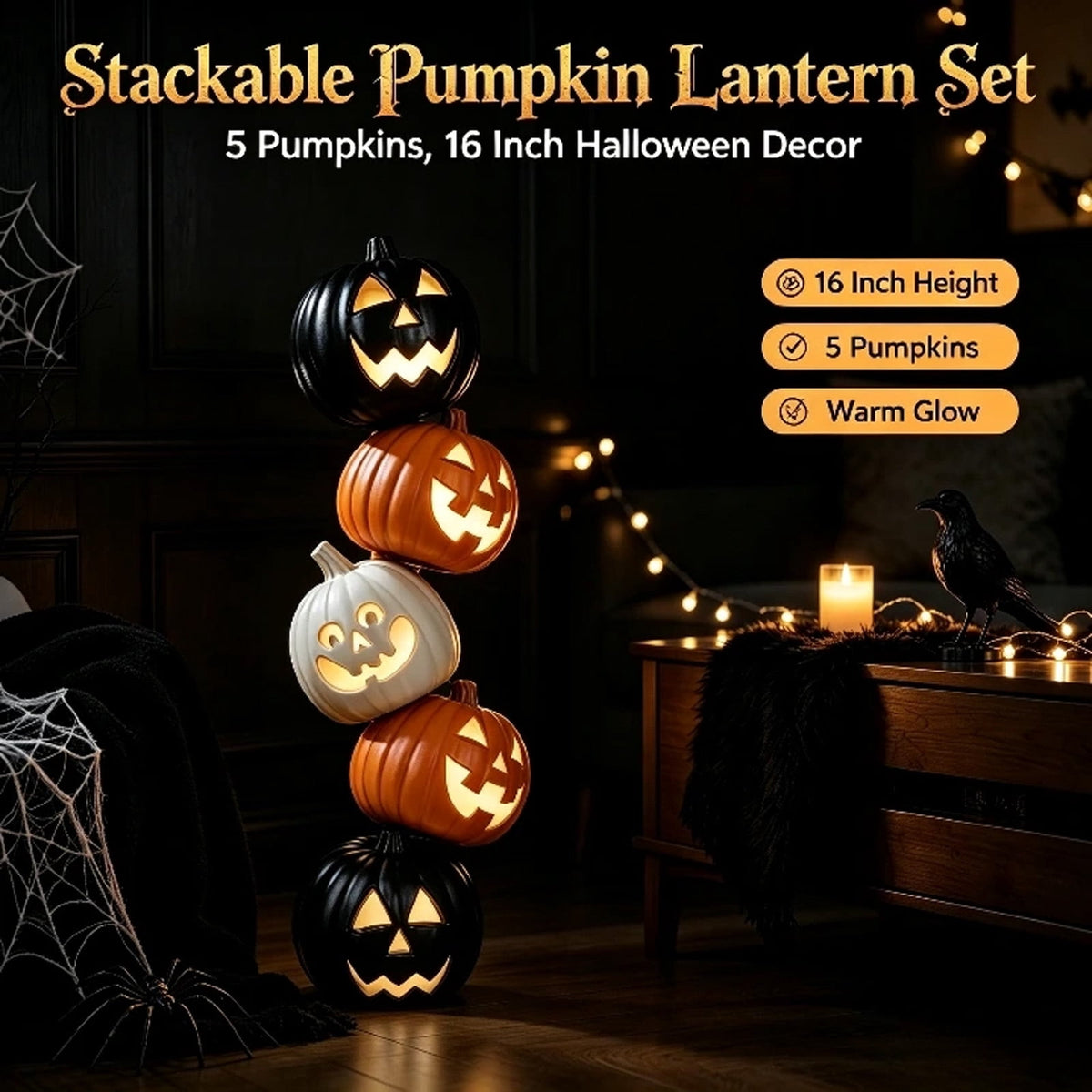 Halloween Stacked Light Up Pumpkin Lantern Statue, Multi-Color LED Pumpkin Tower Figurine, Halloween Glowing Pumpkin Stack Decor, for Front Yard, Porch, Lawn, Party