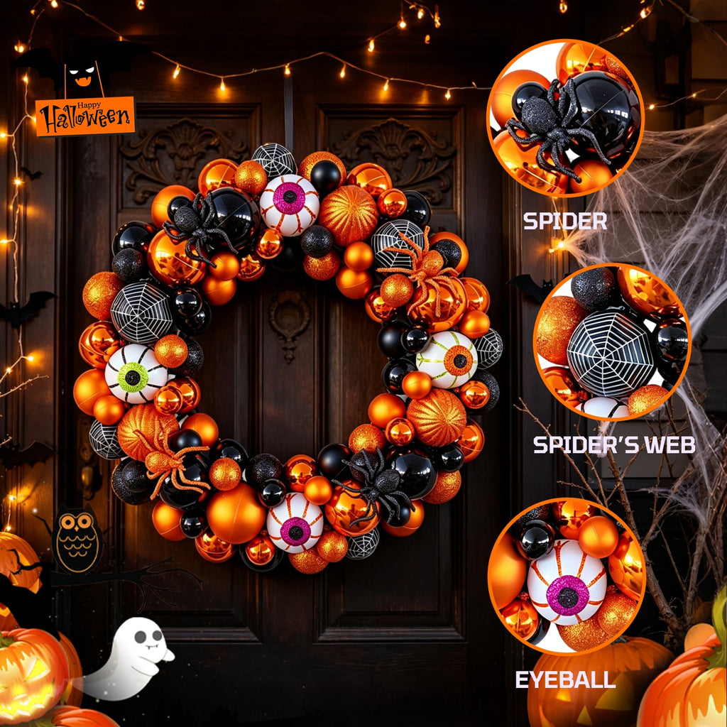 Godance 16 Inch Orange Halloween Spider Ball Wreath for Front Door, Halloween Treat-or-Trick Door Wreath Plastic Ball Ornament for Halloween Indoor Decorations Centerpiece Party Holiday Wall Decor