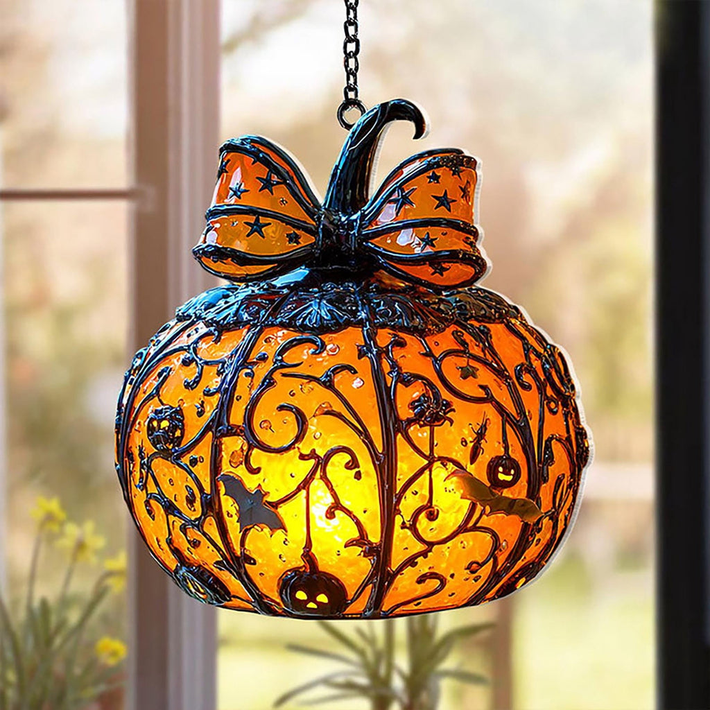 AZXY Stained Glass Hanging Pumpkin Ornament, Halloween Decor, Halloween Pumpkins, Halloween Decorations, Halloween Party Decor,Bat Star Pumpkin Hanging Decor for Indoor Window Tabletop