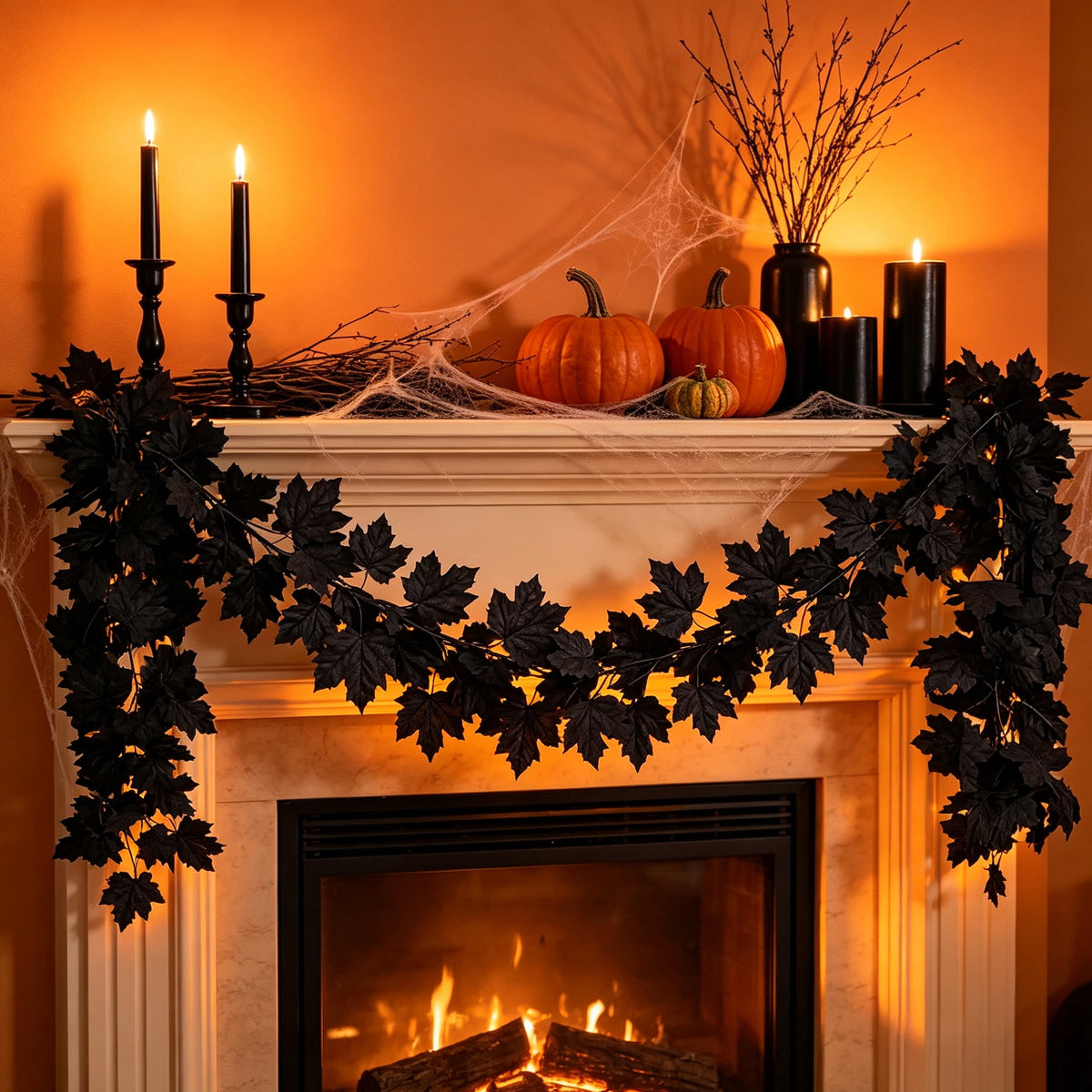 Halloween Black Garland with LED Lights 70.87 Inch Gothic Foliage for Mantel Stair Halloween Party Home Indoor Decor