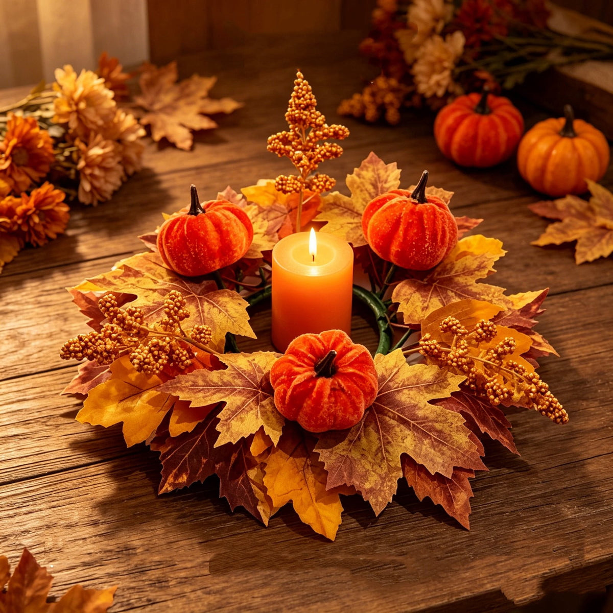 Fall Maple Leaf Front Door Wreath, Multicolor Plastic Seasonal Wreath for Halloween Thanksgiving Christmas Indoor Wall Fireplace Home Decor, 9.84 Inch