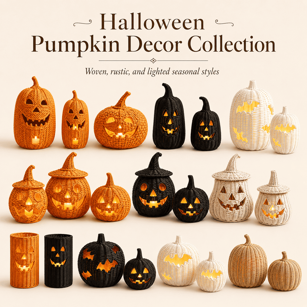 Aximioll Halloween Black Woven Jack-O-Lantern Pumpkin Decor, Hand Woven Rattan Wicker Style Statue, Trick or Treat Candy Bowl Lantern for Porch Entryway Fireplace Mantel Table, Black, 11 Inches