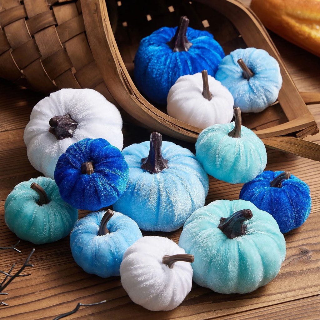 Bazyrey Velvet Pumpkins Fake Mini Pumpkin,Halloween Decor 12pcs Artificial Fake Velvet Pumpkins Decoration for Fall(Blue+White),Happy Halloween Thanks Giving Day Autumn Decorations