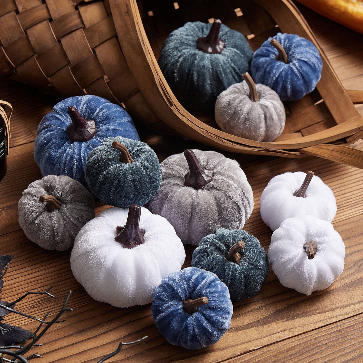 Bazyrey Velvet Pumpkins Fake Mini Pumpkin,Halloween Decor 12pcs Artificial Fake Velvet Pumpkins Decoration for Fall(Blue+White),Happy Halloween Thanks Giving Day Autumn Decorations