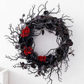 Black Halloween Door-Wreath with Red Rose Wreath for Front Door Black Wreath for Gothic Halloween Home Decor