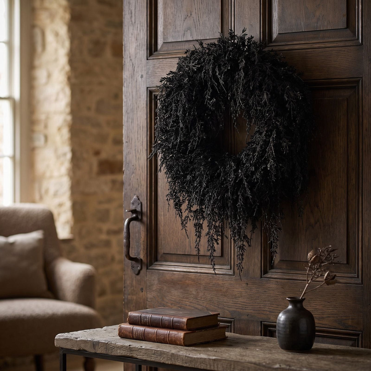 Halloween Black Garland with LED Lights 70.87 Inch Gothic Foliage for Mantel Stair Halloween Party Home Indoor Decor