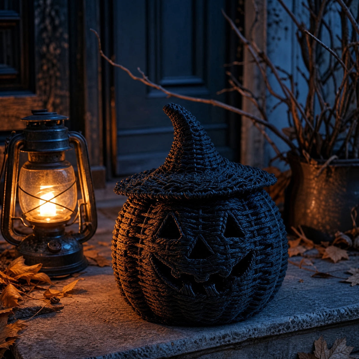 Black Woven Pumpkin Basket with Witch Hat Cover Lid, 11" Halloween Jack-O-Lantern Woven Container, Handcrafted Rattan Pumpkin Tabletop Centerpiece for Home Office Halloween Party Table