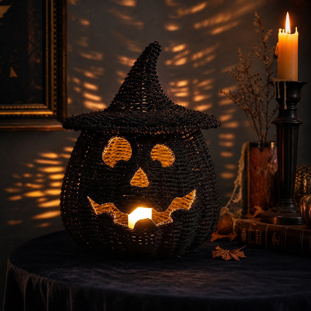 Black Woven Pumpkin Basket with Witch Hat Cover Lid, 11" Halloween Jack-O-Lantern Woven Container, Handcrafted Rattan Pumpkin Tabletop Centerpiece for Home Office Halloween Party Table