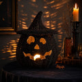 Black Woven Pumpkin Basket with Witch Hat Cover Lid, 11" Halloween Jack-O-Lantern Woven Container, Handcrafted Rattan Pumpkin Tabletop Centerpiece for Home Office Halloween Party Table