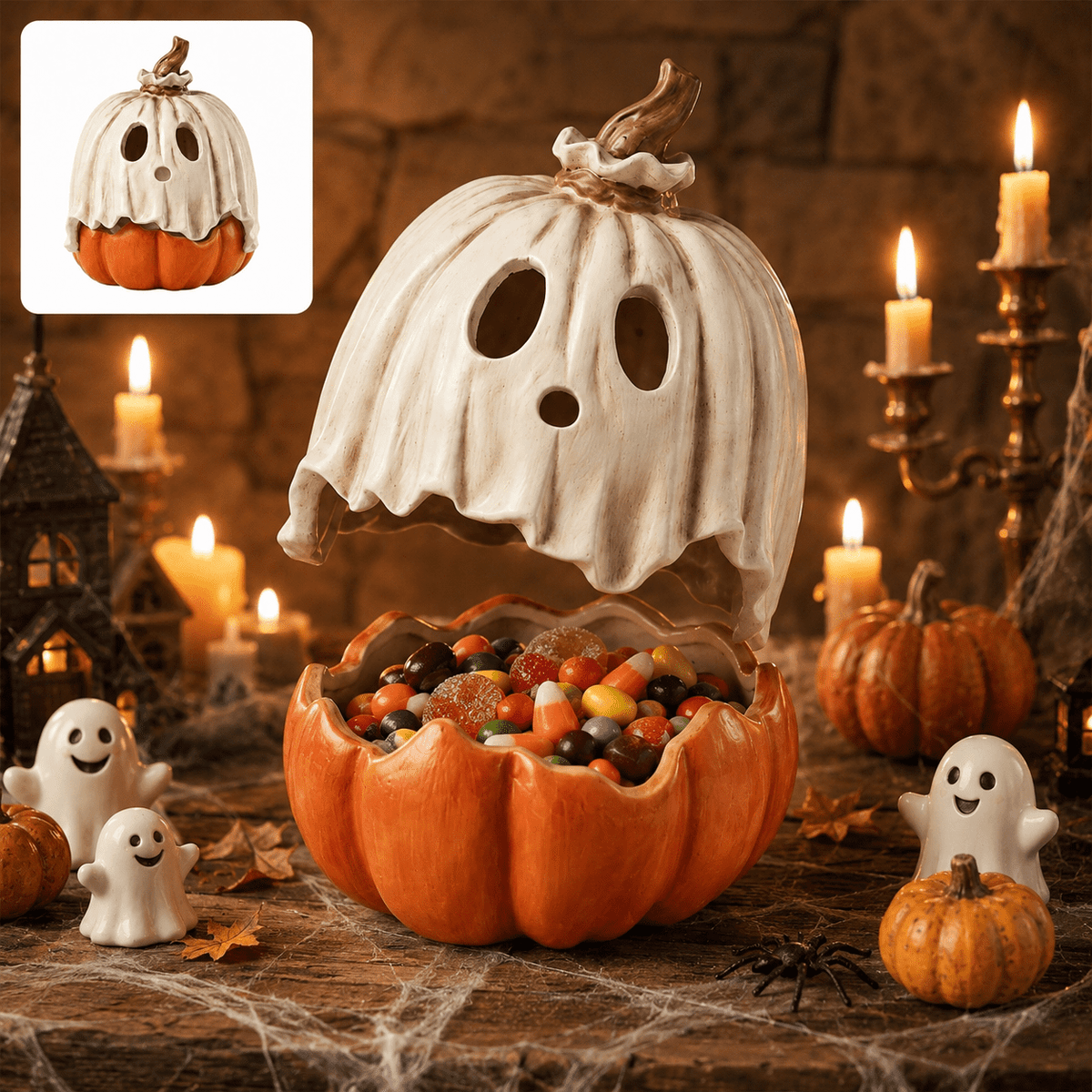 Clearance Detachable Pumpkin Ghost Candy Bowl, 11.8 Inch Halloween Pumpkin Container with Removable Ghost Mask Lid, Spooky Tabletop Decor for Halloween Party Supplies
