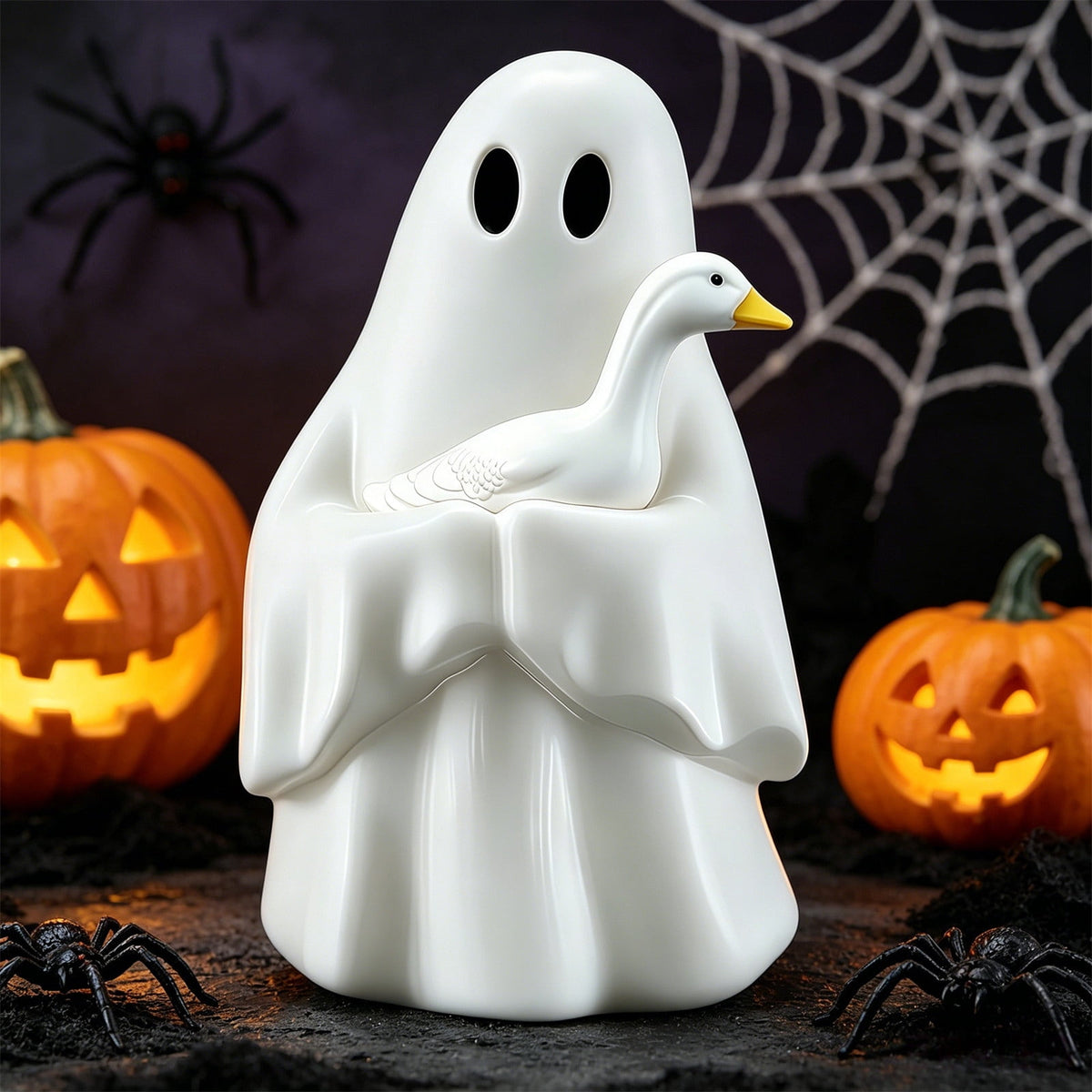 Halloween Ghost Figurine, Resin Lighted Ghost Ornament with Pumpkin Lantern & Beverage Cup, Tabletop Halloween Indoor Decor