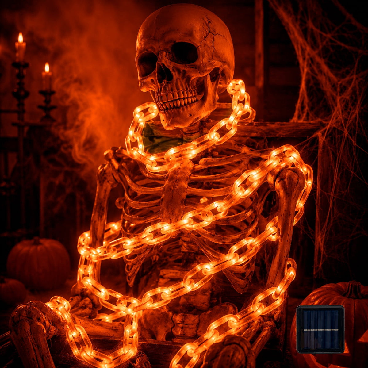 DAKIMOE Halloween Decoration Chain String Lights Orange Light Up Plastic Chain Decoration 10FT Long Glowing Link Chain for Haunted House Party Porch Yard Door Indoor Outdoor Halloween Decor