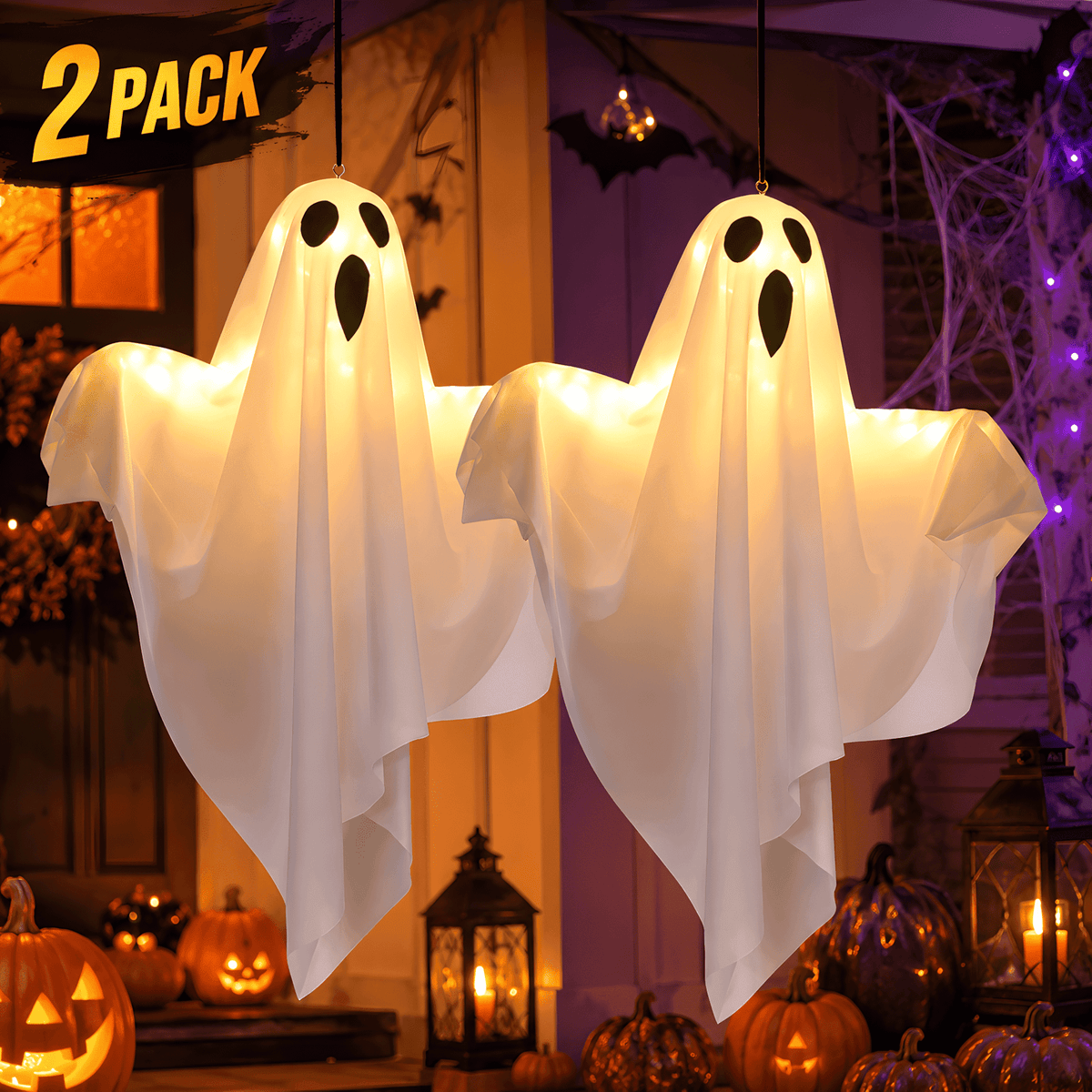 DAYBETTER Halloween Hanging Ghosts Decoration, LED White Ghost Light Up Kit Decor with adjustable arms for Indoor Outdoor Garden Yard Porch Scary Cute Halloween Ghost Decor Gifts (2 Pack)
