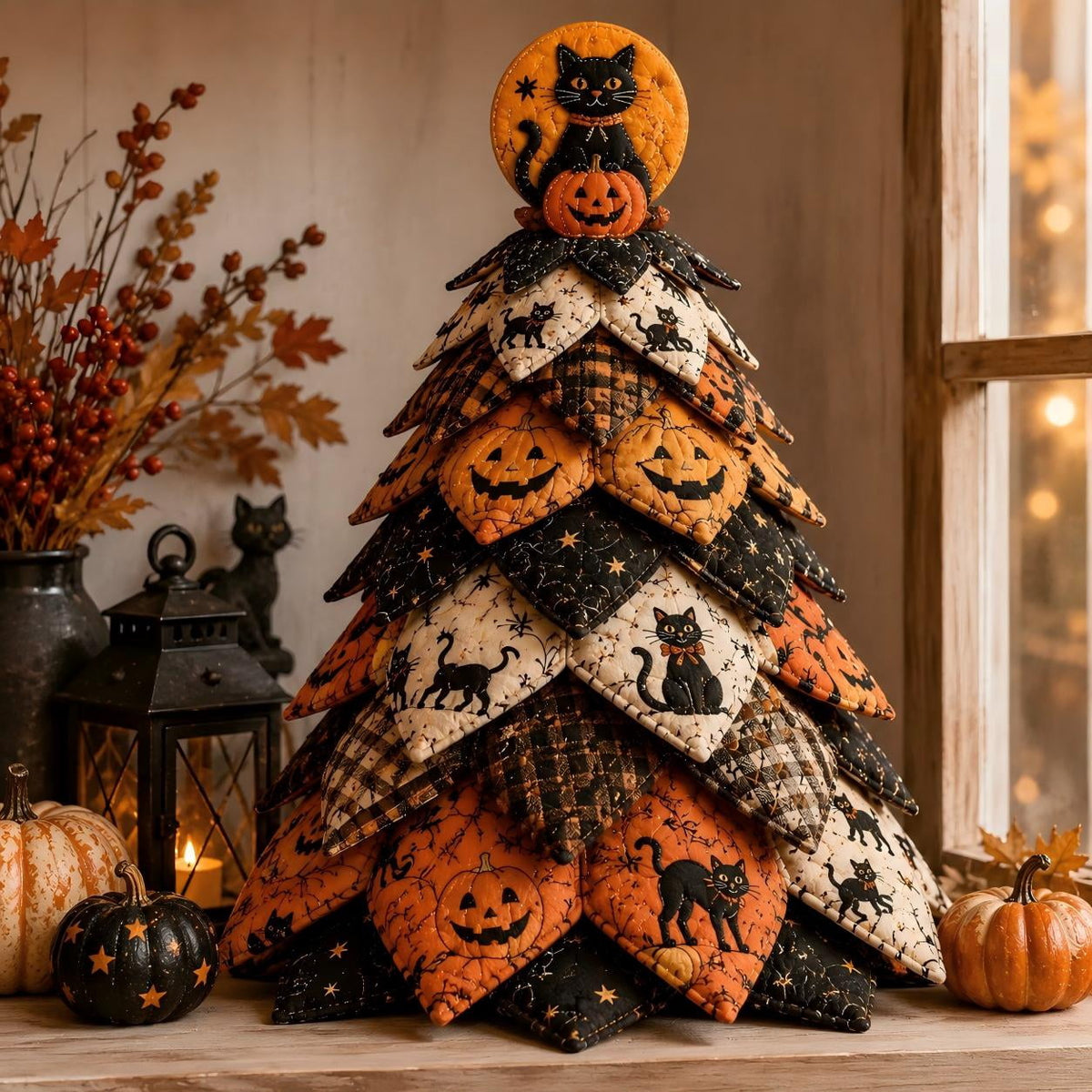 DIY Halloween Quilted Fabric Tree Kit, Sewing Project Holiday Mantel Decor, Quilted Patchwork Fabric Halloween Tabletop Christmas Tree, Handmade Gifts for Craft Lovers, Charming Patchwork Bundle #Cat