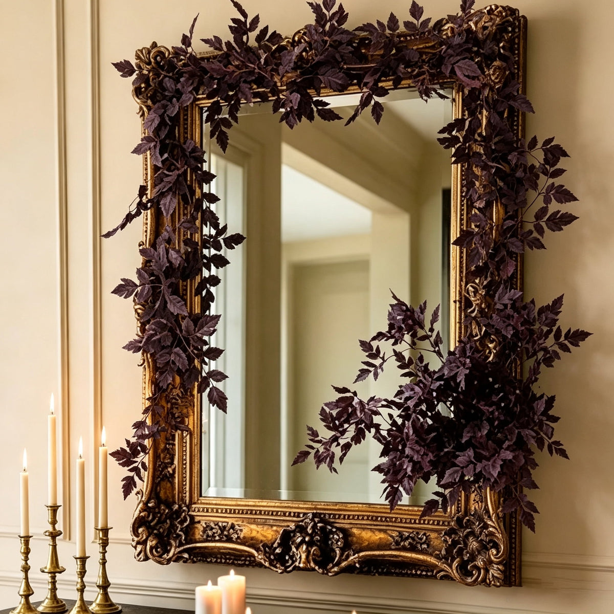 Halloween Black Garland with LED Lights 70.87 Inch Gothic Foliage for Mantel Stair Halloween Party Home Indoor Decor