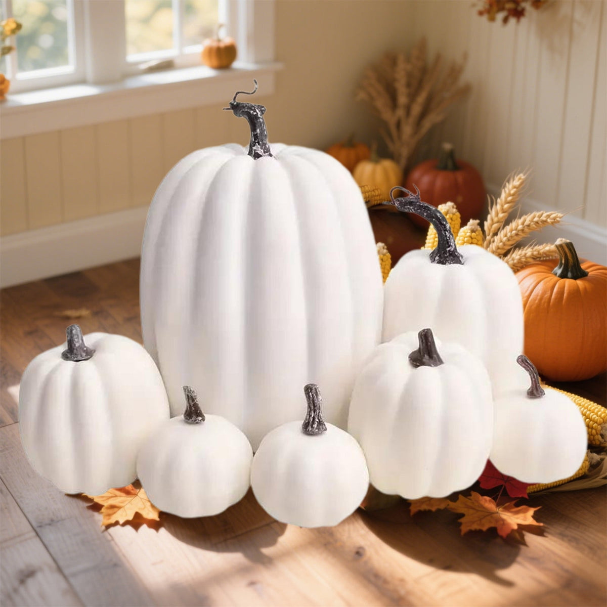 Fall+Decorations,Outdoor Pumpkins for Porch,7pcs Halloween Decorative Pumpkin Model Realistic Looking Simulation Ornament Good For Party Decorations Display(Orange 7pcs/Set 8"-3")