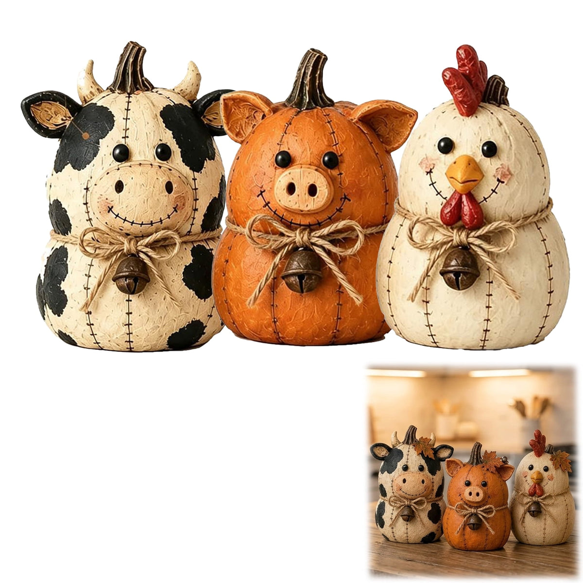 Farmhouse Decor, Farmhouse Fall Decor, Pumpkin Decor Set, Rustic Farm Animal Pumpkin Ornaments for Mantel Shelf Table Centerpiece (Dairy cow)