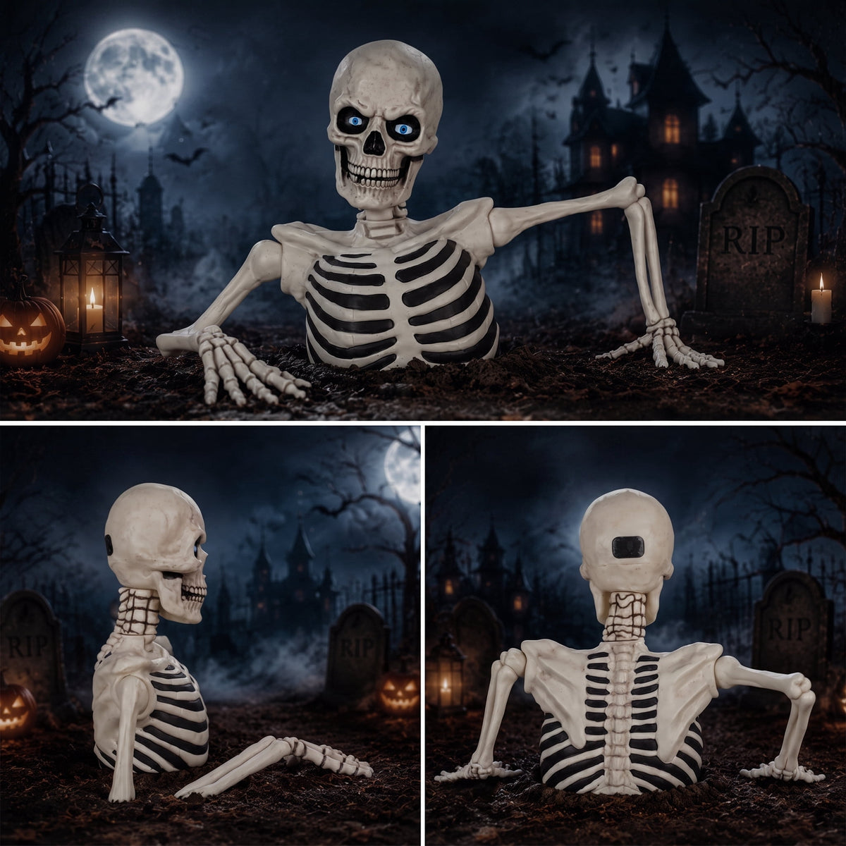 Fuebueo Realistic Halloween Skeleton Decorations with Eyes Lights - Scary Groundbreaker Skull Stakes for Indoor Outdoor Haunted, Yard, and Garden Party Decor