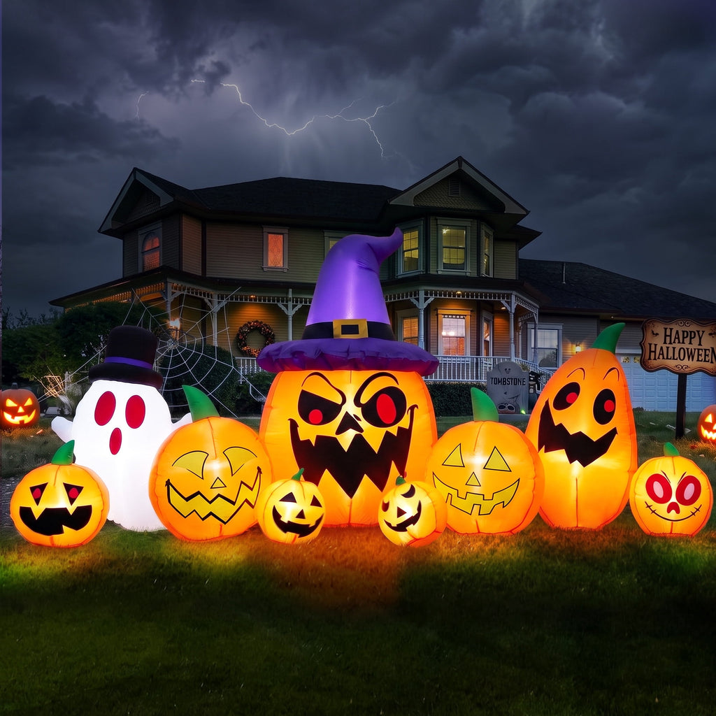 GVDV 8FT Halloween Inflatables Pumpkin Decorations with Witch Hat & Build-in LEDs, Halloween Blow Ups Indoor/Outdoor Decor for Party, Yard, Lawn