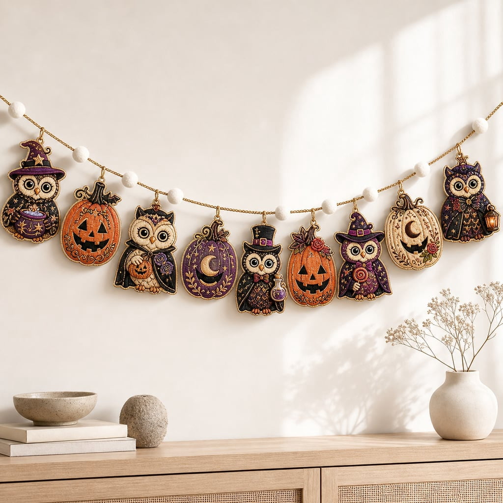 Garland Witch Owl Pumpkin Wooden Mantel Wall Hanging Halloween Home Decor