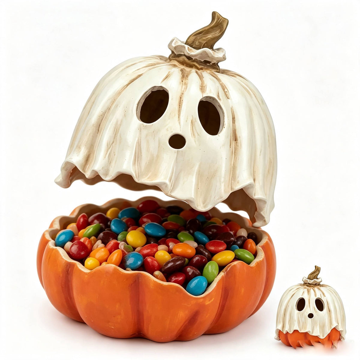 Ghost Pumpkin Candy Bowl/Lantern 2 In 1 With Detachable Ghost Mask Lid 10 Inch Resin Spooky Tabletop Decor For Halloween Party Supplies