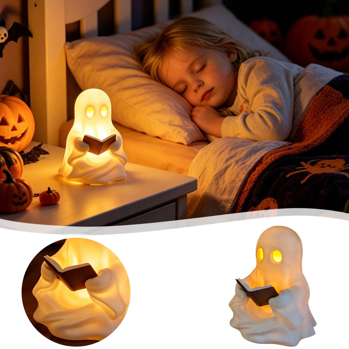 Halloween Ghost Figurine, Resin Lighted Ghost Ornament with Pumpkin Lantern & Beverage Cup, Tabletop Halloween Indoor Decor