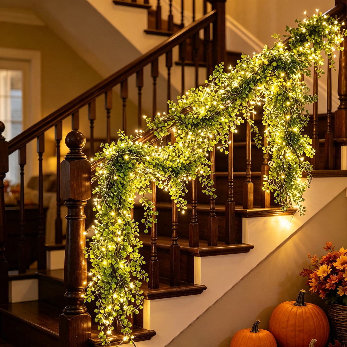 Halloween Black Garland with LED Lights 70.87 Inch Gothic Foliage for Mantel Stair Halloween Party Home Indoor Decor