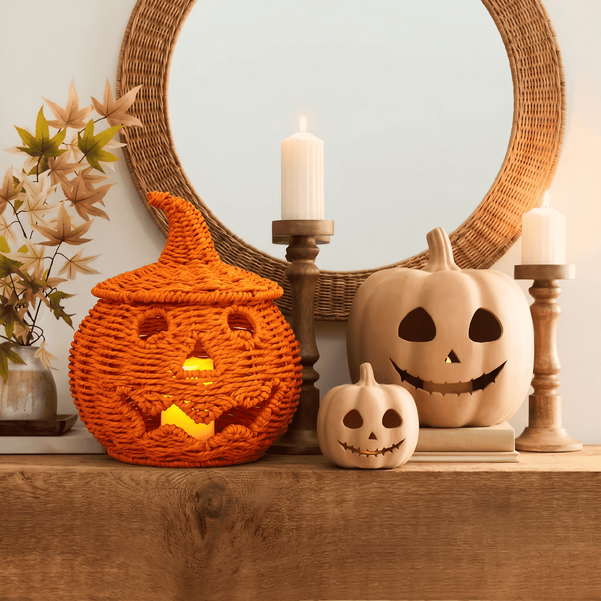 Guvpev 12" Handcrafted Woven Ghost - White Faux Rattan & Metal Ghost Figurine, Halloween Spooky Table Centerpiece & Fall Porch Decor for Indoor Outdoor