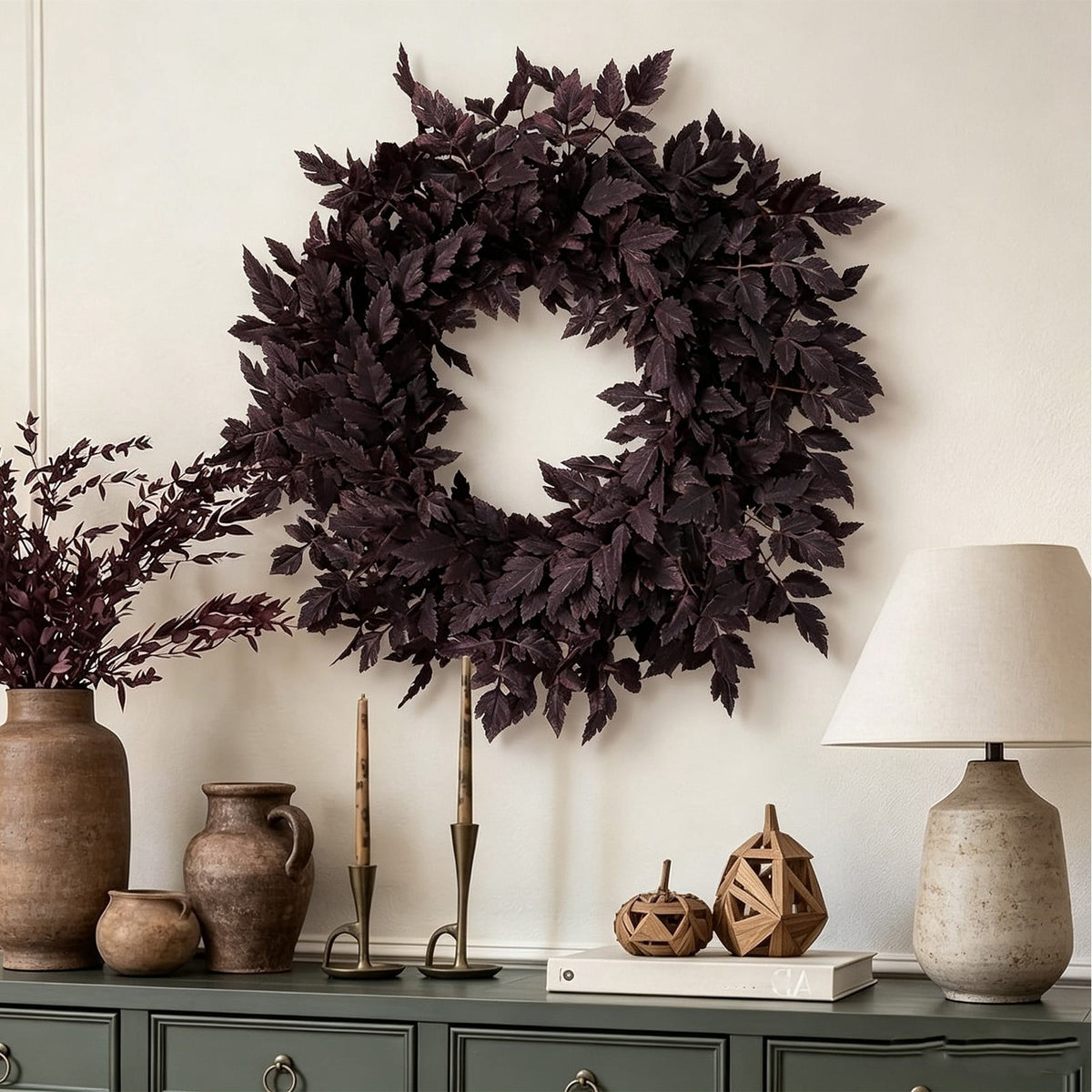 Halloween Artificial Dark Bugbane Leaves Wreath, 23.6 Inch Faux Burgundy Snakeroot Foliage Crown, Gothic Autumn Front Door Hanging Garland for Farmhouse Wall Decor
