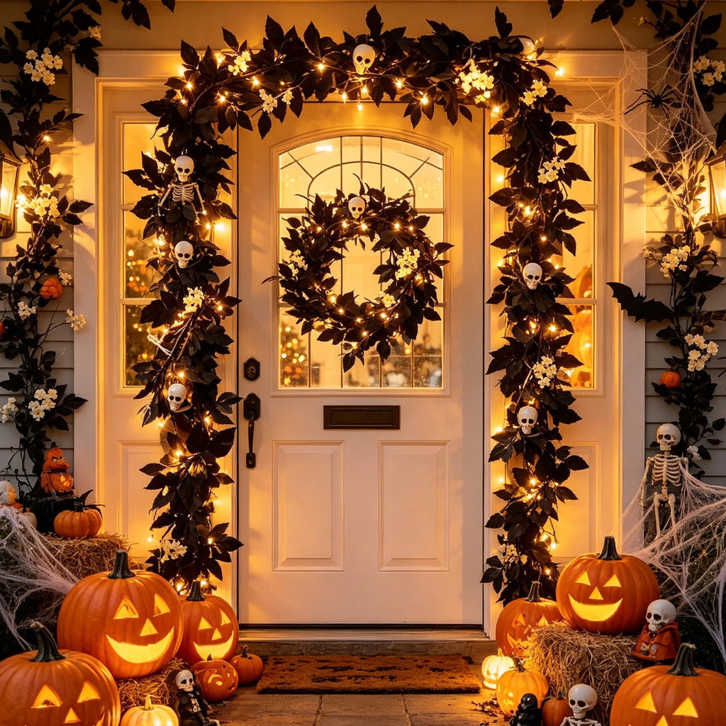Halloween Black Garland with LED Lights 70.87 Inch Gothic Foliage for Mantel Stair Halloween Party Home Indoor Decor