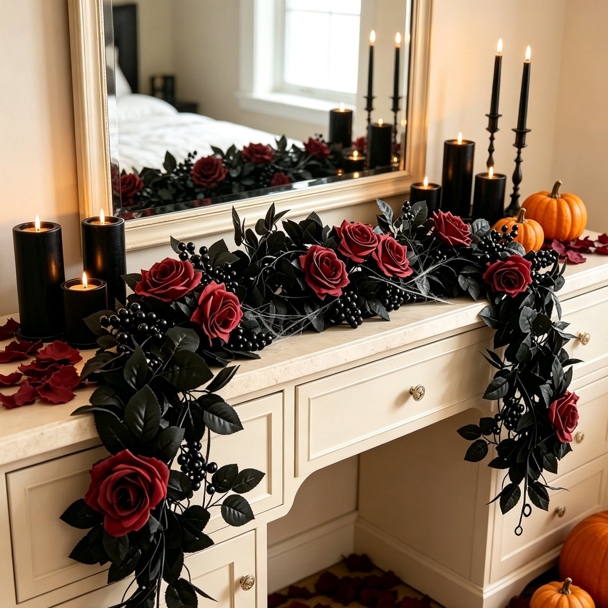 Halloween Black Garland with LED Lights 70.87 Inch Gothic Foliage for Mantel Stair Halloween Party Home Indoor Decor