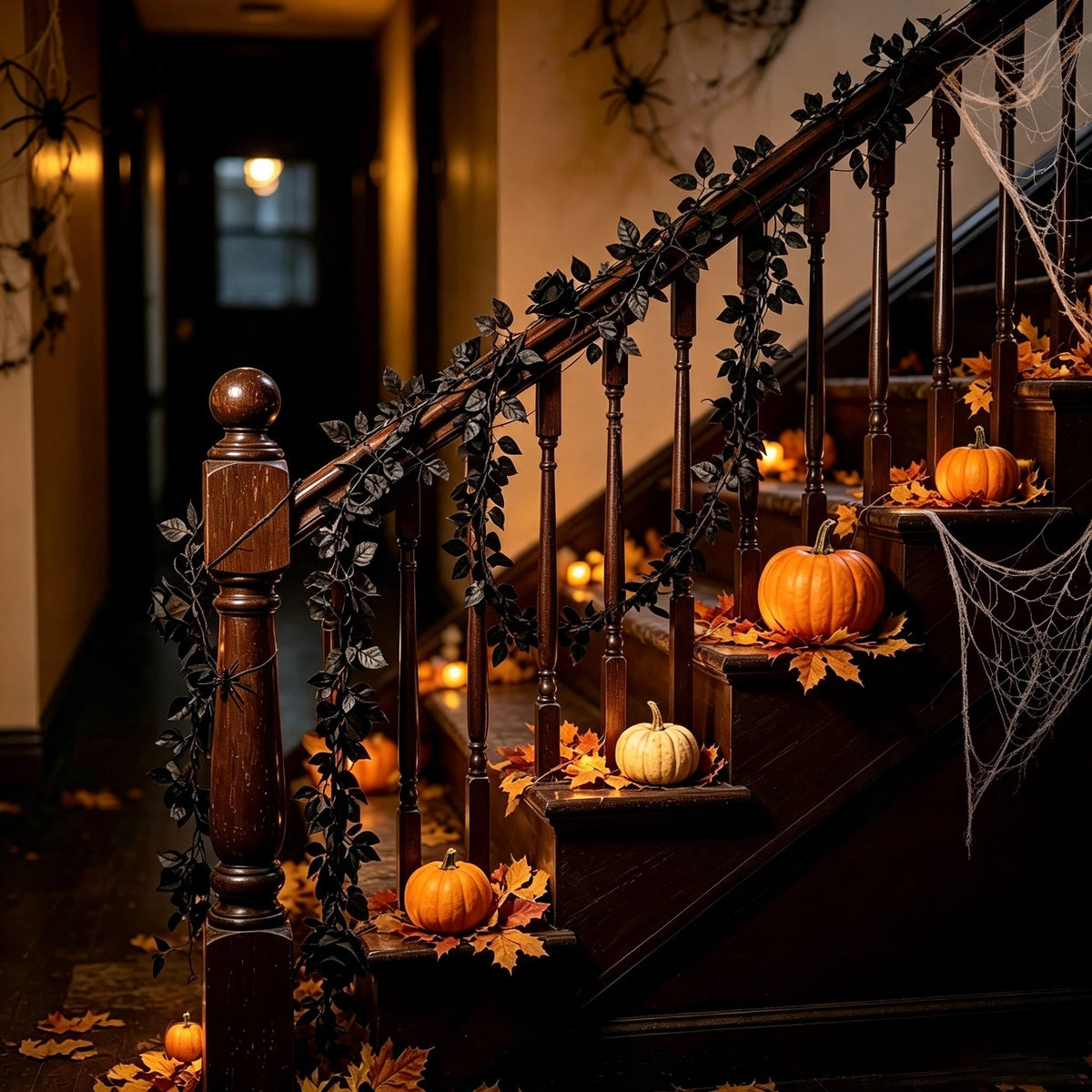 Halloween Black Garland with LED Lights 70.87 Inch Gothic Foliage for Mantel Stair Halloween Party Home Indoor Decor